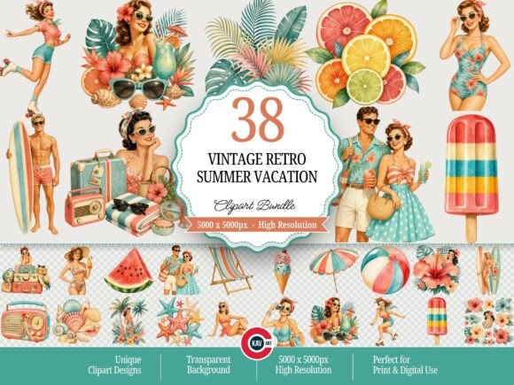 Download Vintage Retro Summer Vacation Clipart - Retro Collection